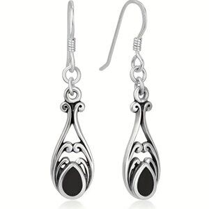 Women's Drop Hanging Dangling Silver & Black Antiqued Style Earrings